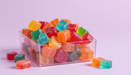 Colorful cube jelly candy in transparent box with soft pastel background, vibrant sweet treats with glossy texture and cheerful mood