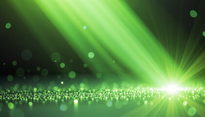 Green light rays with glowing particles create vivid and dynamic abstract background full of energy and brightness