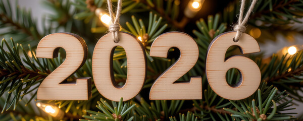 Wooden number ornaments 2026 hanging on pine tree branch with warm glowing lights creating festive holiday atmosphere