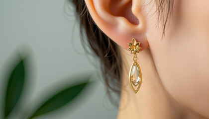 Elegant gold dangle earring with floral design and clear gemstone worn on ear, soft natural light highlighting smooth skin and jewelry beauty