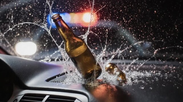 Beer bottle smashes on car dashboard in front of police lights
