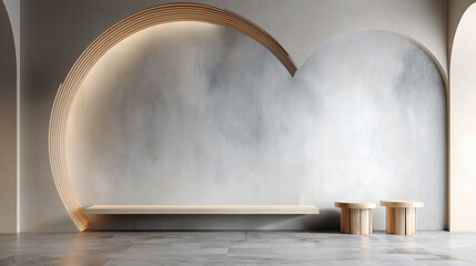 Minimalist Wooden Bench and Arch Wall in Modern Interior Design