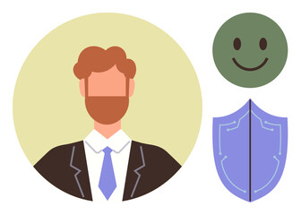 Businessman portrait with purple shield and happy face symbolizing trust, security, satisfaction, and reliability. Ideal for leadership, personal branding, safety, trust building, confidence