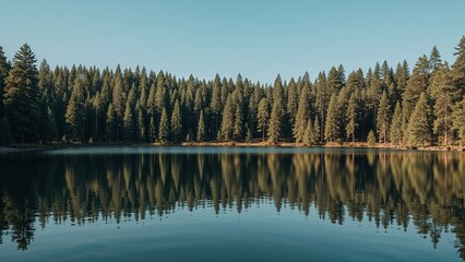 Obraz premium Serene lake reflecting a dense forest line.