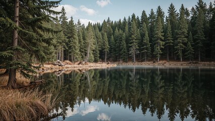 Serene lake reflecting a dense forest.
