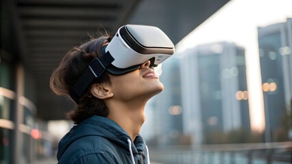 A young person wearing a vr headset looking up at tall buildings in an urban environment outside today