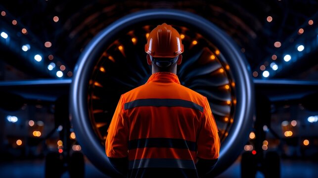 Aircraft mechanic working on a turbine surrounded by intricate engine parts while an engineer in an orange signal vest observes close up aviation maintenance realistic Composite aircraft