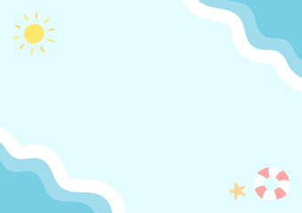 夏の海のかわいい背景イラスト、ビーチの太陽と浮き輪