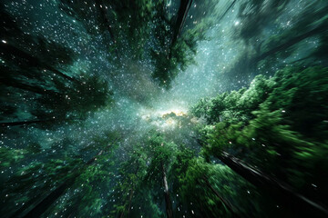 A beautiful tunnel of light through a misty forest path with green trees and morning sunlight