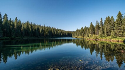 Serene lake surrounded by tall evergreen trees.