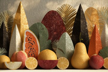 Vibrant Fruits with Geometric Accents: A close-up shot reveals a colorful array of stylized fruits, juxtaposed with geometric shapes and a touch of golden accents