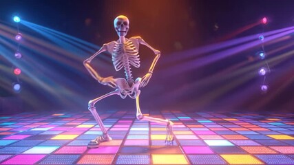 Dancing skeleton on colorful disco floor with vibrant stage lights in playful animated style. 4K video - Powered by Adobe