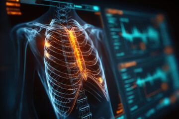 Medical scan showing human ribcage and spine with glowing orange and blue hues on a dark background