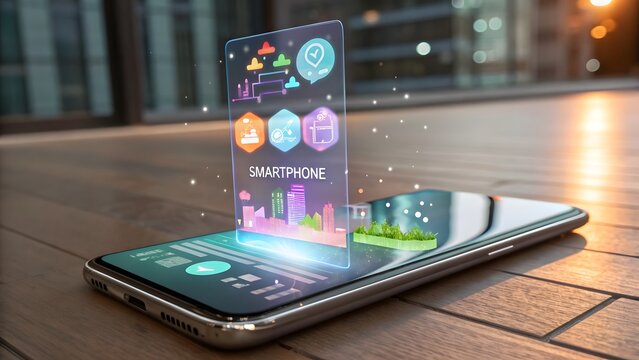 Smartphone displaying holographic interface with icons and city skyline on a wooden surface indoors