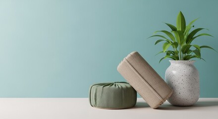 Yoga block and cushion with plant in vase for meditation and mindfulness still life studio shot scene