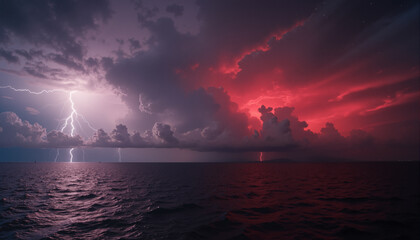 s a dramatic sunset over the ocean with a lightning bolt in the sky. The sky is filled with dark clouds and the sun is setting
