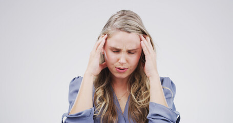 Headache, pain and woman in studio, stress and frustrated on white background. Person, mockup space...