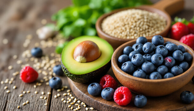s a wooden table with a bowl of blueberries