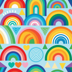 Rainbow vector geometric seamless patterns collection. Set of bright colorful backgrounds with modern minimal labels. Cute abstract geometrical textures. Simple pattern design for babies, kids, decor