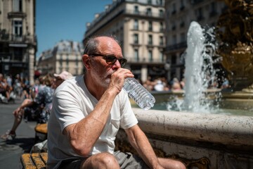A man drinks a bottle of water in the hot sun in Paris , Heatwave in Europe concept , Generative AI