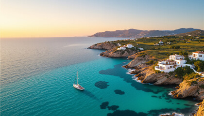 Fototapeta premium s a sailboat in the ocean near a small island with houses on the rocks