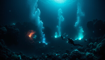 s a group of scuba divers swimming over a vibrant coral reef in the ocean. The divers are surrounded by a variety of colorful corals and other sea life