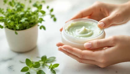 s a woman's hands holding a jar of cream next to a potted plant on a table