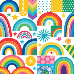 Rainbow vector geometric seamless patterns collection. Set of bright colorful backgrounds with modern minimal labels. Cute abstract geometrical textures. Simple pattern design for babies, kids, decor