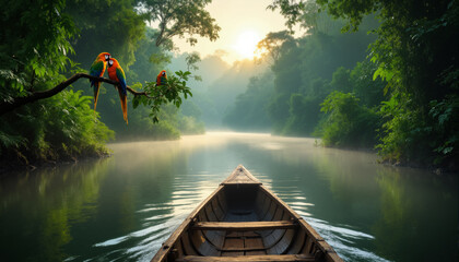 s a boat on a river with two parrots perched on a tree branch in the foreground. The river is surrounded by lush green trees and the sky is visible in the background.