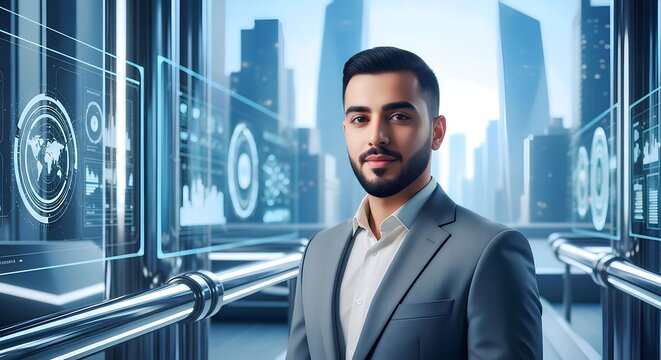 Professional businessman in futuristic smart city with digital data interface