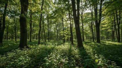 Obraz premium Sunlight filtering through a dense forest.