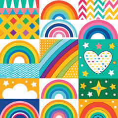 Rainbow vector geometric seamless patterns collection. Set of bright colorful backgrounds with modern minimal labels. Cute abstract geometrical textures. Simple pattern design for babies, kids, decor