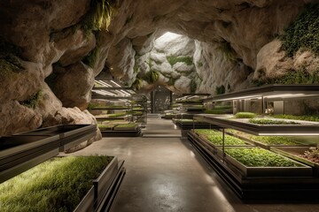 Hydroponic farm in cave growing vegetables under LED lights with rocky surroundings