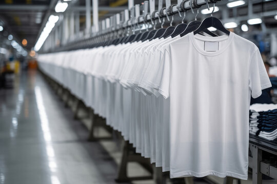 White tshirts hang on a conveyor belt in a clothing factory