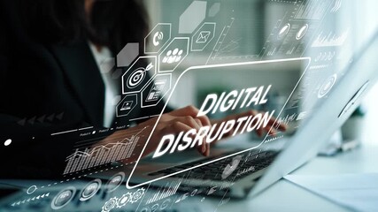 Business Professional Engaging in Digital Disruption Strategy with Laptop and Technology Graphics in Modern Office Environment. Asymptotic smart data analytic. - Powered by Adobe
