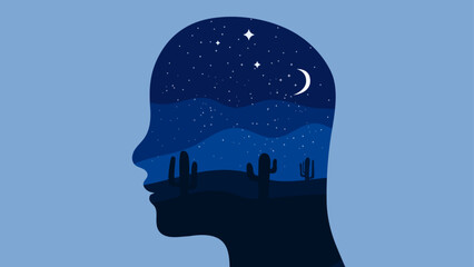 Mental health mind with calm night sky head silhouette vector illustration