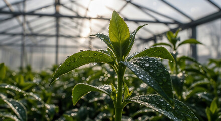 Vibrant Green Plant with Water Droplets in Sunny Greenhouse