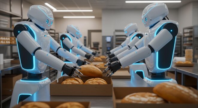 AI robots processing packing bread at the bakery factory