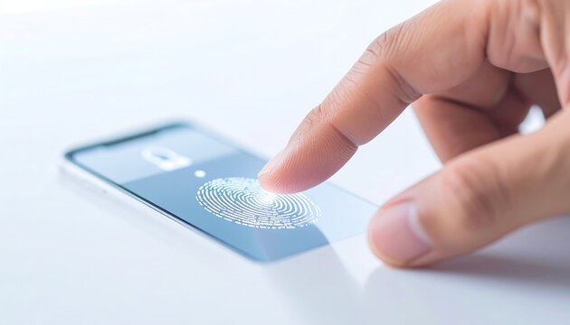 A close-up of a finger touching a smartphone screen displaying a glowing fingerprint scanner, representing biometric security and authentication.