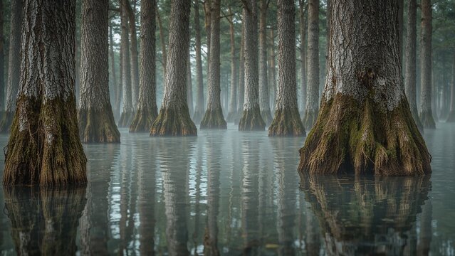 Majestic trees standing in a flooded forest. - Powered by Adobe