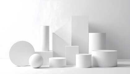 A composition of various white geometric shapes, including cylinders, cubes, a sphere, and a disc, arranged on a white surface against a white background, creating a minimalist and abstract display.