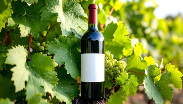 A dark glass bottle of red wine, with a blank white label, stands amidst lush green grapevines and unripe green grapes.