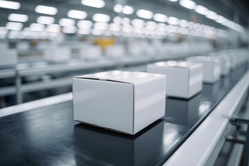 White boxes move along a conveyor belt in a modern factory