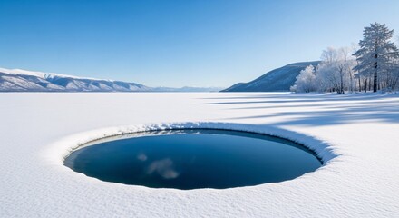Winter wonderland scene of frozen lake with ice hole and snow covered trees on a clear sunny day
