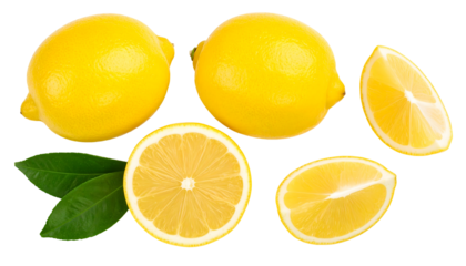 Fresh Lemons with Leaves and Slices, Vibrant Yellow Citrus Arrangement