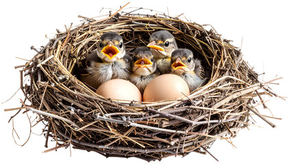 Baby birds hatching from eggs in nest isolated on white background. Png