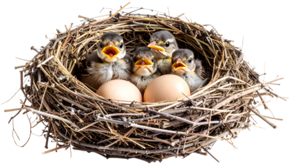 Baby birds hatching from eggs in nest isolated on white background. Png