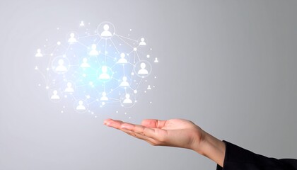 A hand outstretched supporting a glowing interconnected network of user icons, symbolizing social media and global communication.