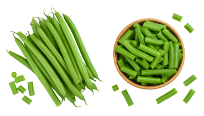 Fresh Green Beans in a Wooden Bowl and Scattered Pieces