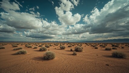 A vast desert landscape under a dramatic sky.